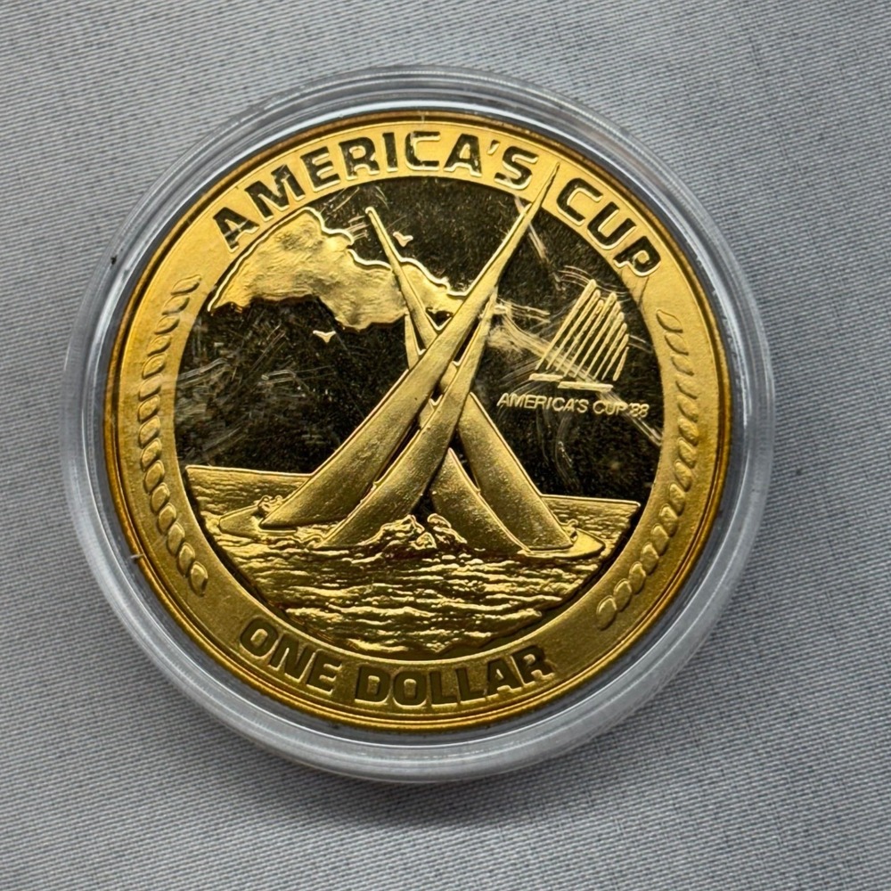 American Samoa One Dollar Coin 1988 Gold Tone America's Cup Excellent Sailing